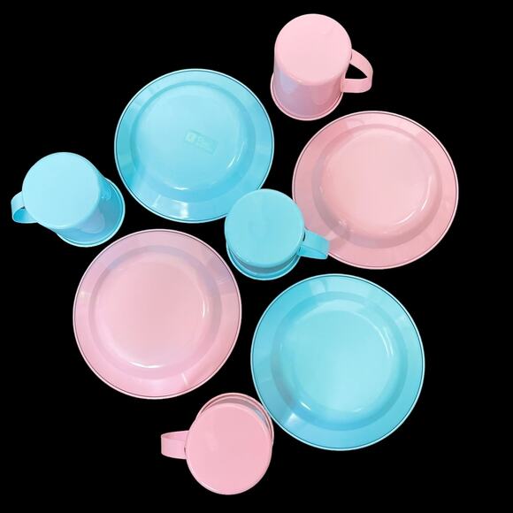 Play Wonder Metal Dishes Blue Pink Child Picnic Play Toy Set Rare HTF READ - Picture 2 of 11